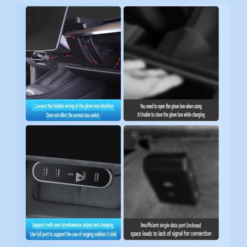 Compatible For Car 3/Y Glovebox Shunt Expansion Splitter Hub Ports Fast Charging Adapter HUB Docking Station Foldable