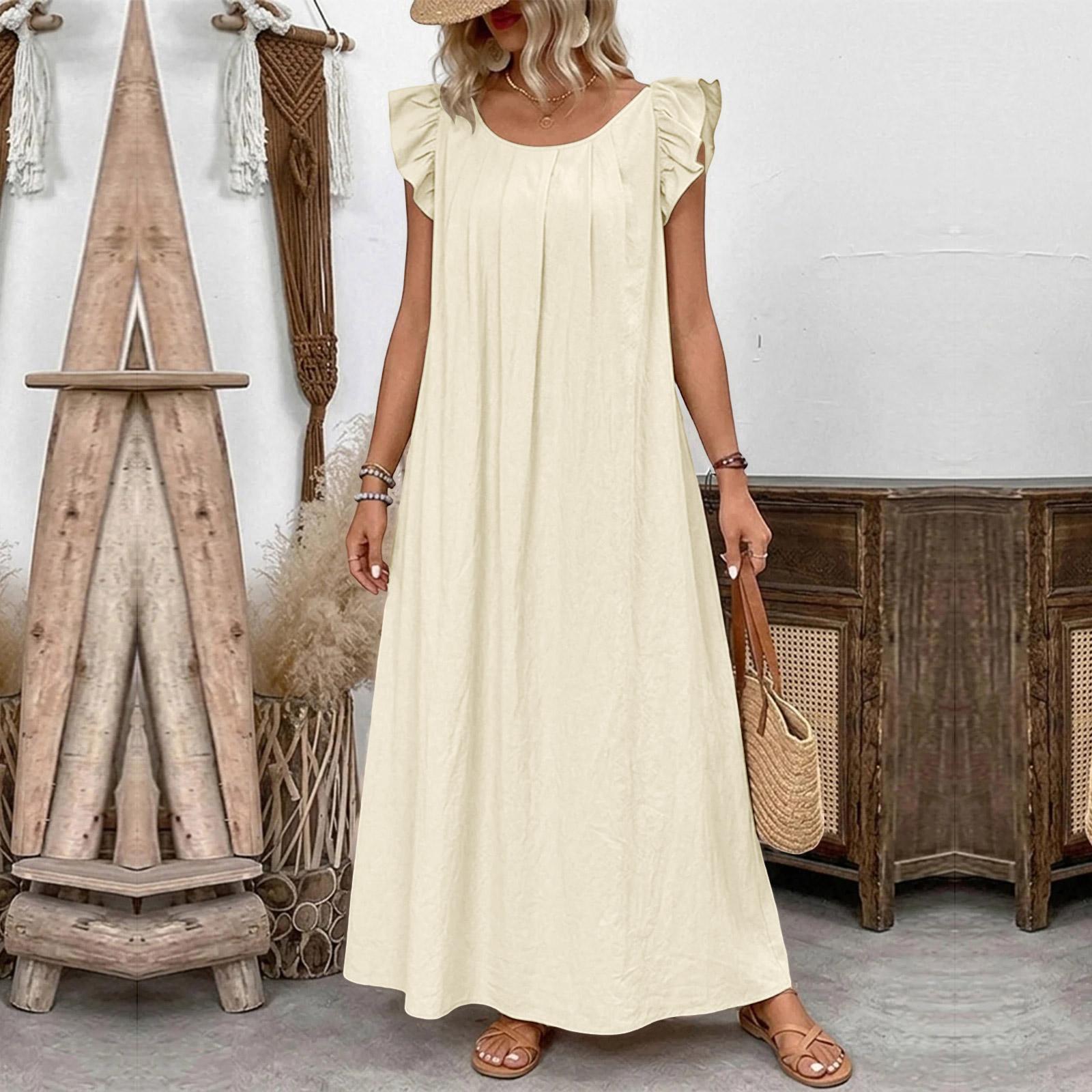 

Women’s Fashionable Casual -Colour Pleated Long Dress With Cap Sleeves L