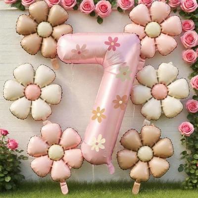 New 32inch 0-9 Number Balloons with Flower Stickers Large Pink Foil Balloons Daisy Balloons Set Party Supplies