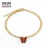 18K Gold-Plated Stainless Steel Wine Red Butterfly Anklet - Minimalist Figaro Chain for Women