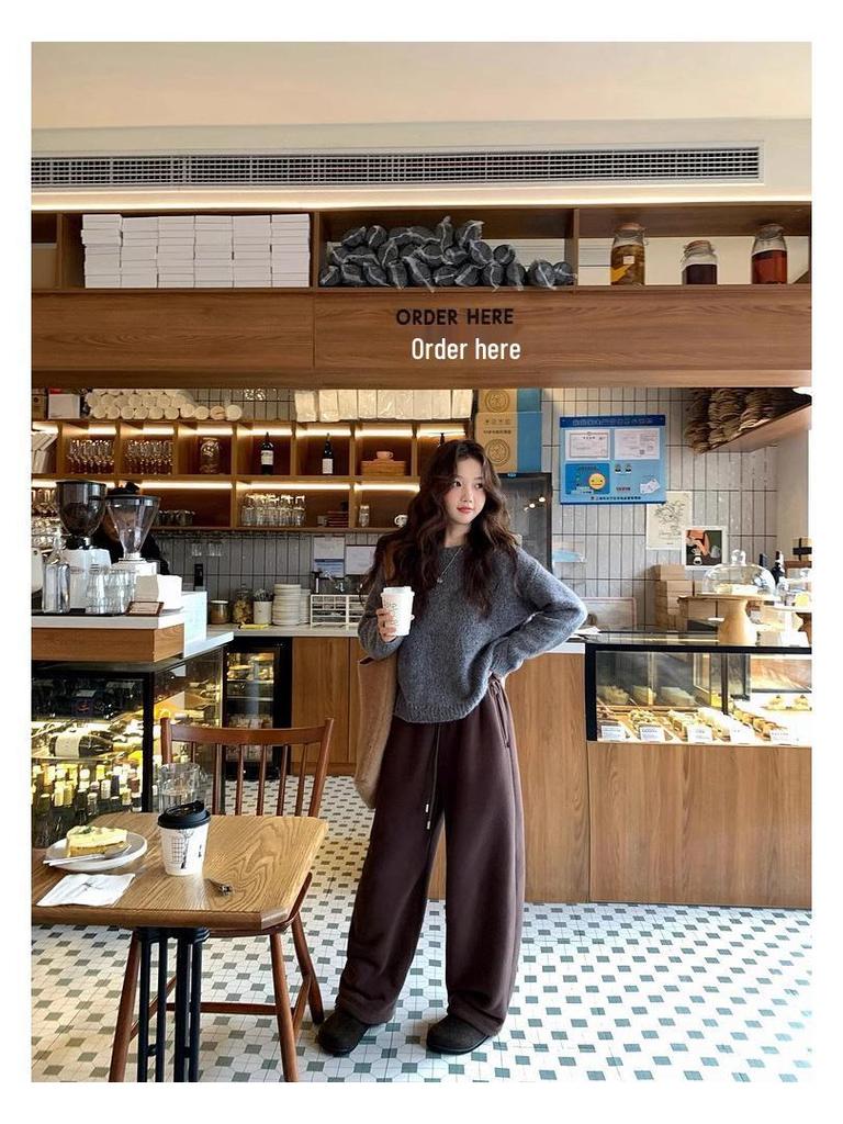 700g Lambswool Heavyweight Fleece Brushed Women's High-Waist Wide-Leg Warm Trousers