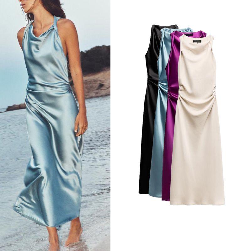 Early Autumn New Arrival French Suit Long Dress Silk Satin Texture Midi Skirt Dress 8372090 2124305