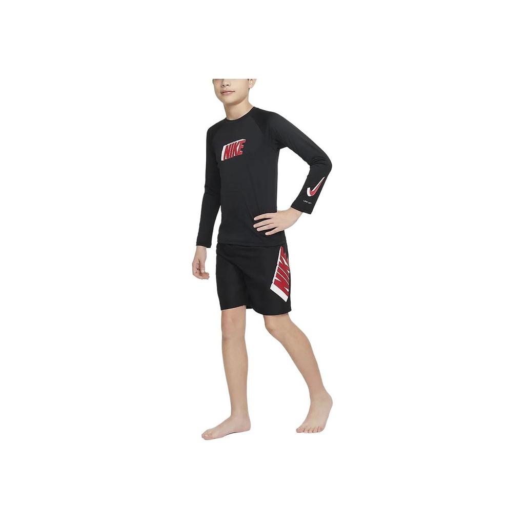 Nike T-Shirt Swim Letter Round Neck Casual Pullover Sun Protection Quick Dry Long Sleeve Kids Tops Black FZ6551-010