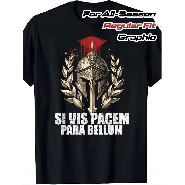 Men's Vintage Si Vis Pacem Para Bellum Latin Proverb T-Shirt - Black with Golden Spartan Helmet & Laurel Wreath Graphic, 100% Cotton Regular Fit