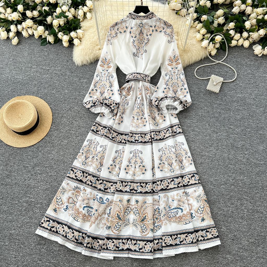 Frühling Herbst Frauen Große Größe Vintage Print Einreiher Lange Maxi Urlaub Party Kleider mit Gürtel