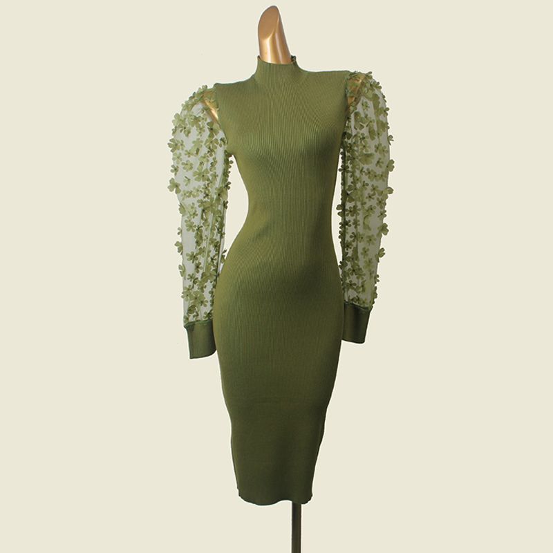 

Fancy Flower Lantern Sleeve Thread Bodycon Dress French Style Temperament Socialite Successively Base Knitting Stand Collar Dress Green 1XL