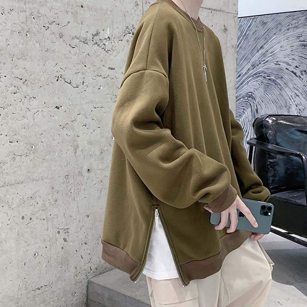 2 Oversized Side Slit Pullover Sweatshirt with Side Drop Loose Fit Loungewear T20 [Make Be] Men's Zip, Shoulder, (41.Green_S)
