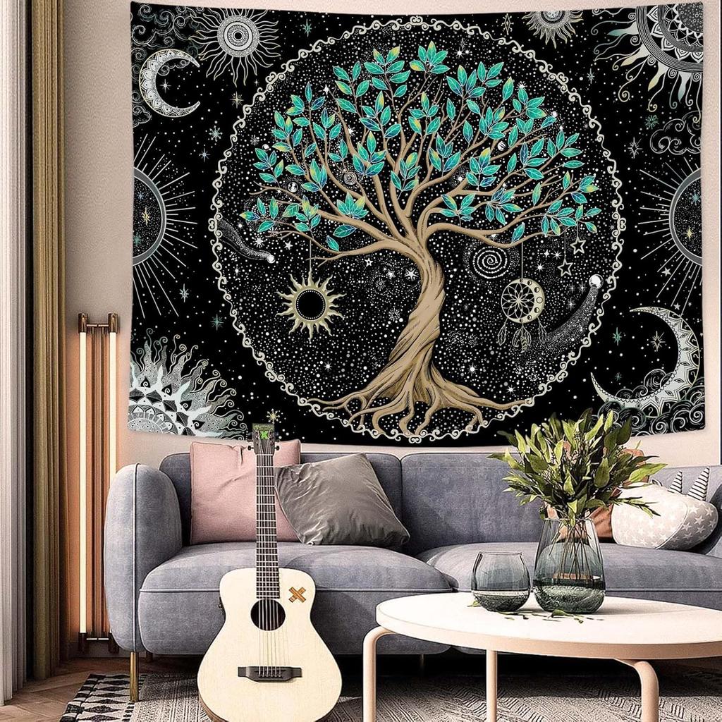 Tree Of Life Tapestry Green Wall Art For Bedroom Spiritual Aesthetic Sun And Moon Tapestries Wall Hanging Decor (60''×44'')