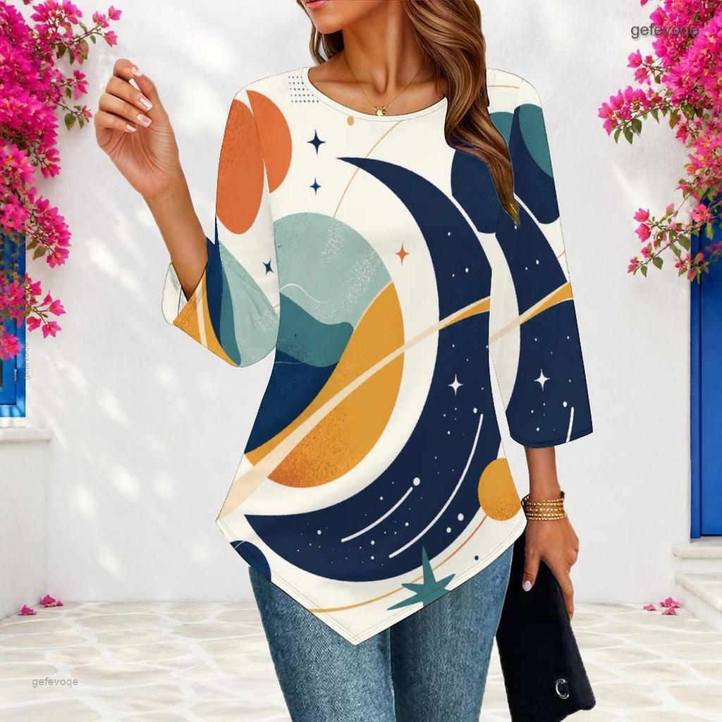 Ladies Plus Size Three Quarter Sleeve Top Pointed Hem Breathable Loose Casual For Daily Commute