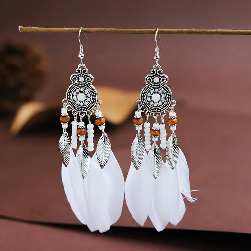 Bohemian Ethnic Feather Drop Earrings For Women Elegant Wood Beads Leaf Long Tassels Dangle Earring Girls Fashion Party Jewelry
