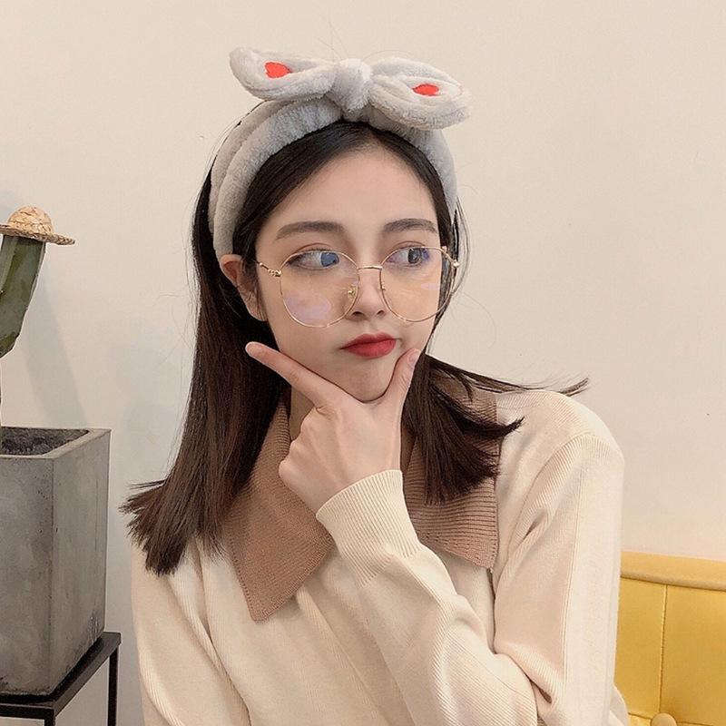 Custom Logo OMG Bowknot Wash Face Hairband Rabbit Cat Ear Cute Plush Lady Soft Women Elastic Hair Band Flannel Make up Headbands
