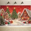 A Festive Christmas Village Background with Snow Scenes Decorative Trees and Gingerbread Houses - Polyester - Birthday Party