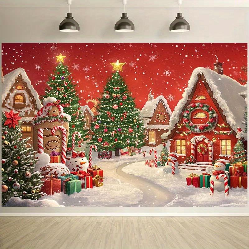A Festive Christmas Village Background with Snow Scenes Decorative Trees and Gingerbread Houses - Polyester - Birthday Party