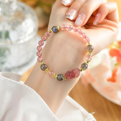 Natural Crystal Strawberry Crystal Pixiu Bracelet, Ethnic Style Original Design Bracelet