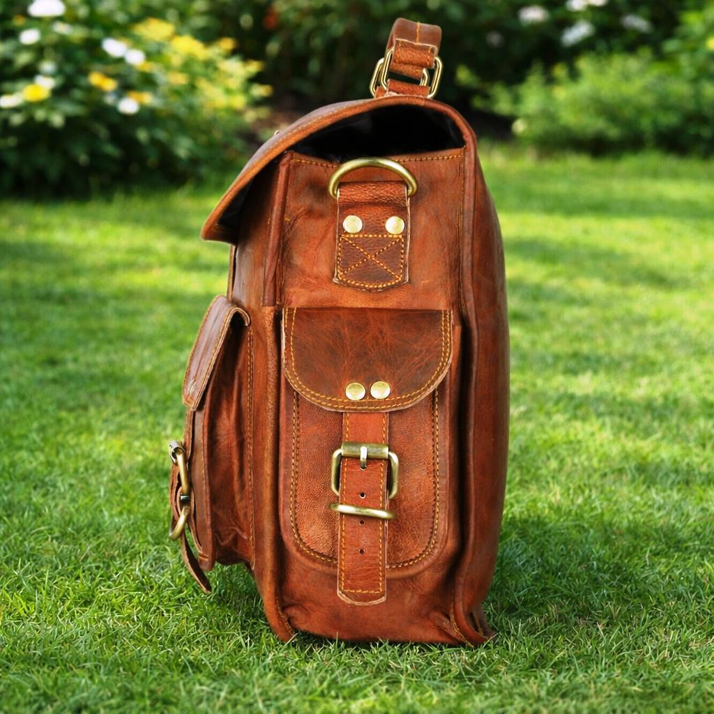New Genuine Brown Goat Leather Men's Handmade Satchel Office Laptop Business Bag