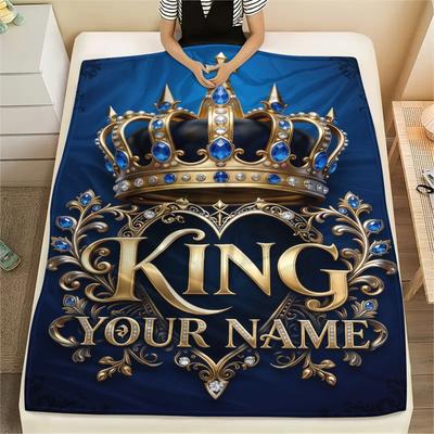 1PC Custom Name Royal Crown Emblem Patterned Flannel Blanket Suitable For All Seasons for Home Decor Warmth and Comfort Gifts Holiday Present_lx