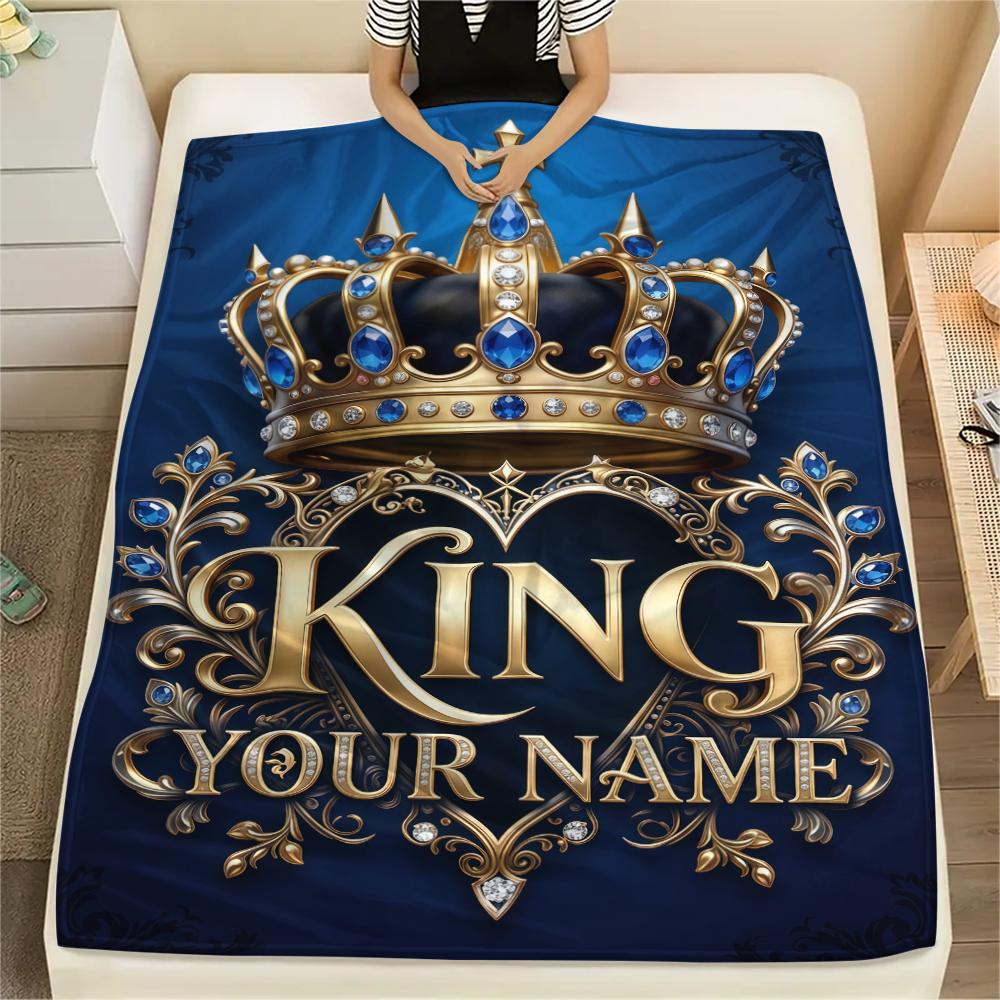 1PC Custom Name Royal Crown Emblem Patterned Flannel Blanket Suitable For All Seasons for Home Decor Warmth and Comfort Gifts Holiday Present_lx