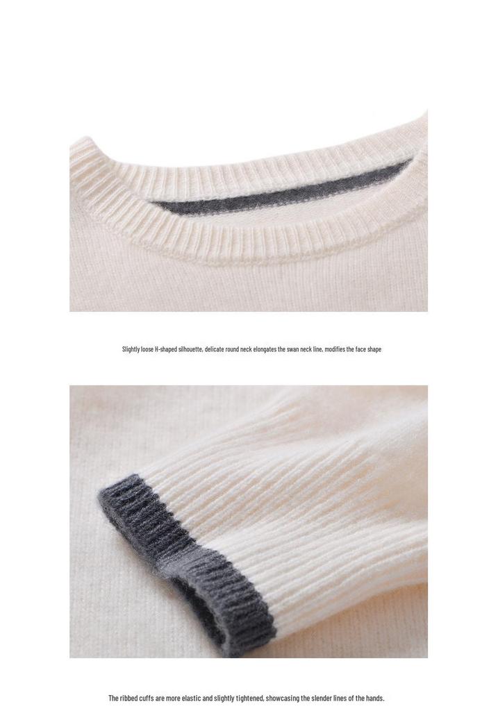 Women's Pure Wool Round Neck Color Block Sweater - Autumn/Winter 2024 Korean Style Loose Fit Pullover