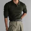 Men's Black Striped Knit Long Sleeve Polo Shirt - Autumn Trend, Muscle Fit, Turn-Down Collar