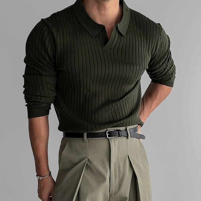 Men's Black Striped Knit Long Sleeve Polo Shirt - Autumn Trend, Muscle Fit, Turn-Down Collar