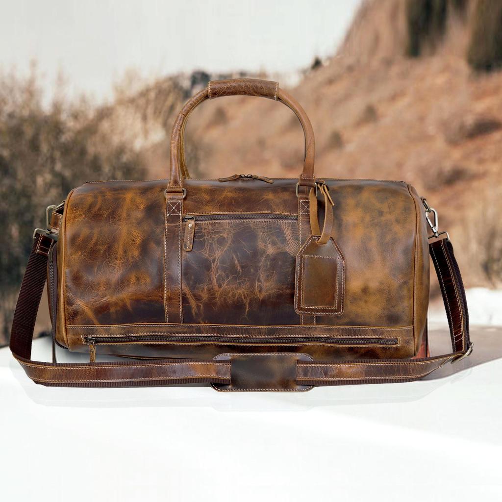 Full Grain Leather Duffle Bag with Shoe Compartment: Personalized Travel Luggage