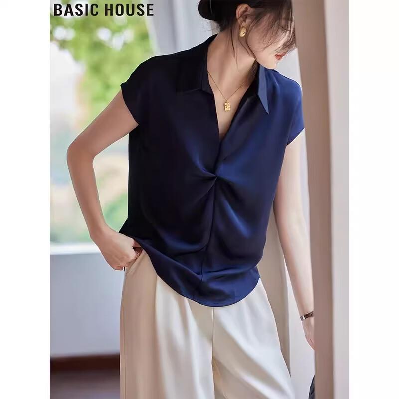 Basic House Women's V-Neck Knot Satin Blouse