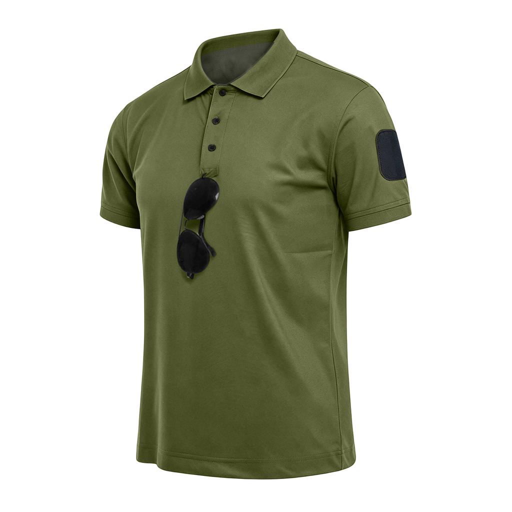 Men's Tactical Quick Dry Polo Shirt Loose Fit Breathable Outdoor Short Sleeve Shirt with Hook and Loop Collar for Casual Use