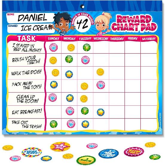 Behavior Reward Chart System - Pad with 26 Chore Charts for Kids, 2800 Stickers to Motivate Responsibility & Good Habits 15 Week Chart
