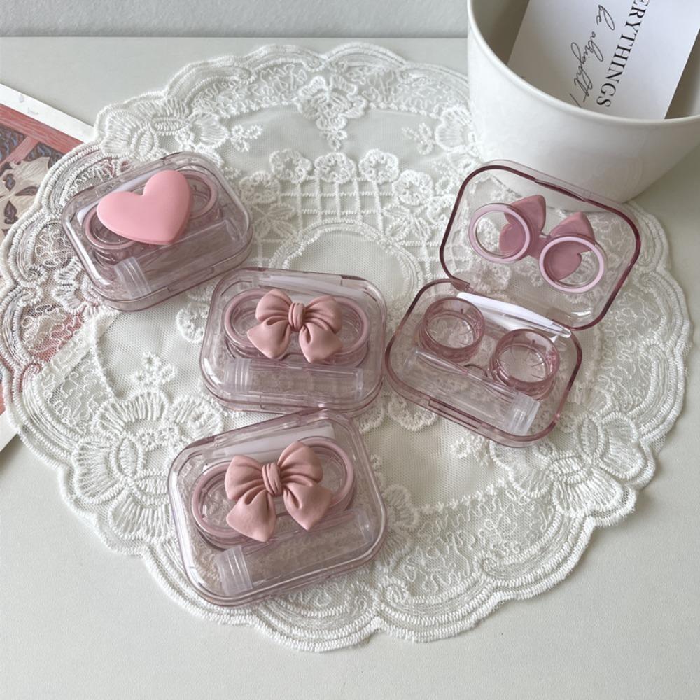 Transparent Bow Lenses Case Pink Eye Care Container Box Portable Cosmetic Contact Lenses Box