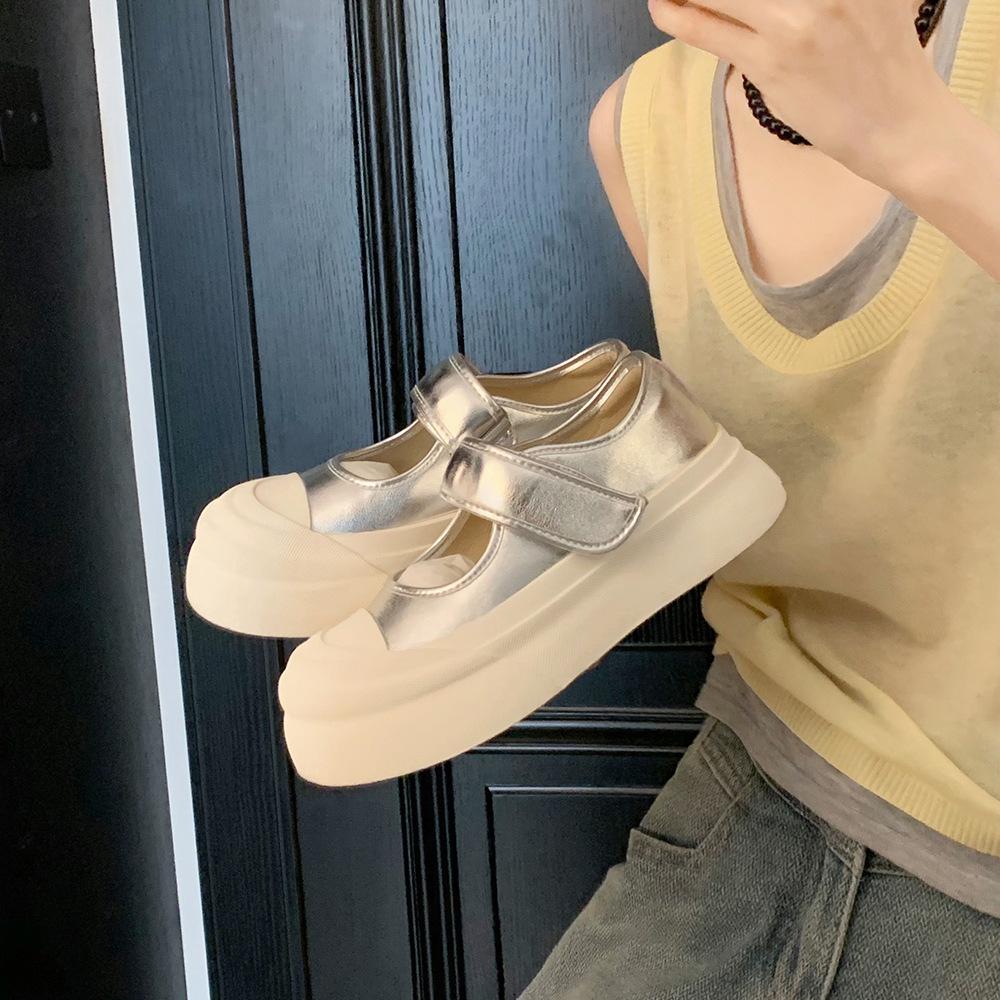 Traubenmama Studiolee Big Head Klettverschluss Muffin Dicke Sohle Erhöhend Runder Kopf Flacher Ausschnitt Mary Janes Kleine Lederschuhe Damen