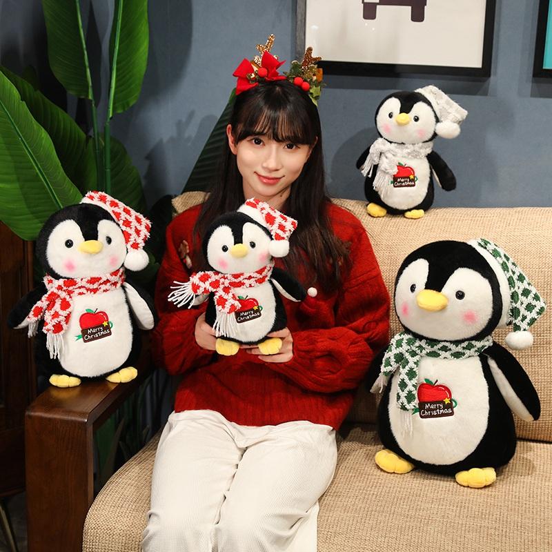 Cartoon Christmas Penguin Plush Toys Lovely Penguin Wear Christmas Hat Scarf Dolls Stuffed Soft Pillow Baby Girls Birthday Gift