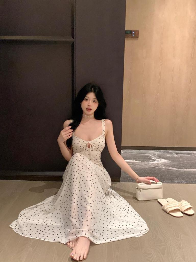 Women’s French White Polka Dot Strappy Dress - 2026 Summer/Spring Seaside Vacation Longwear