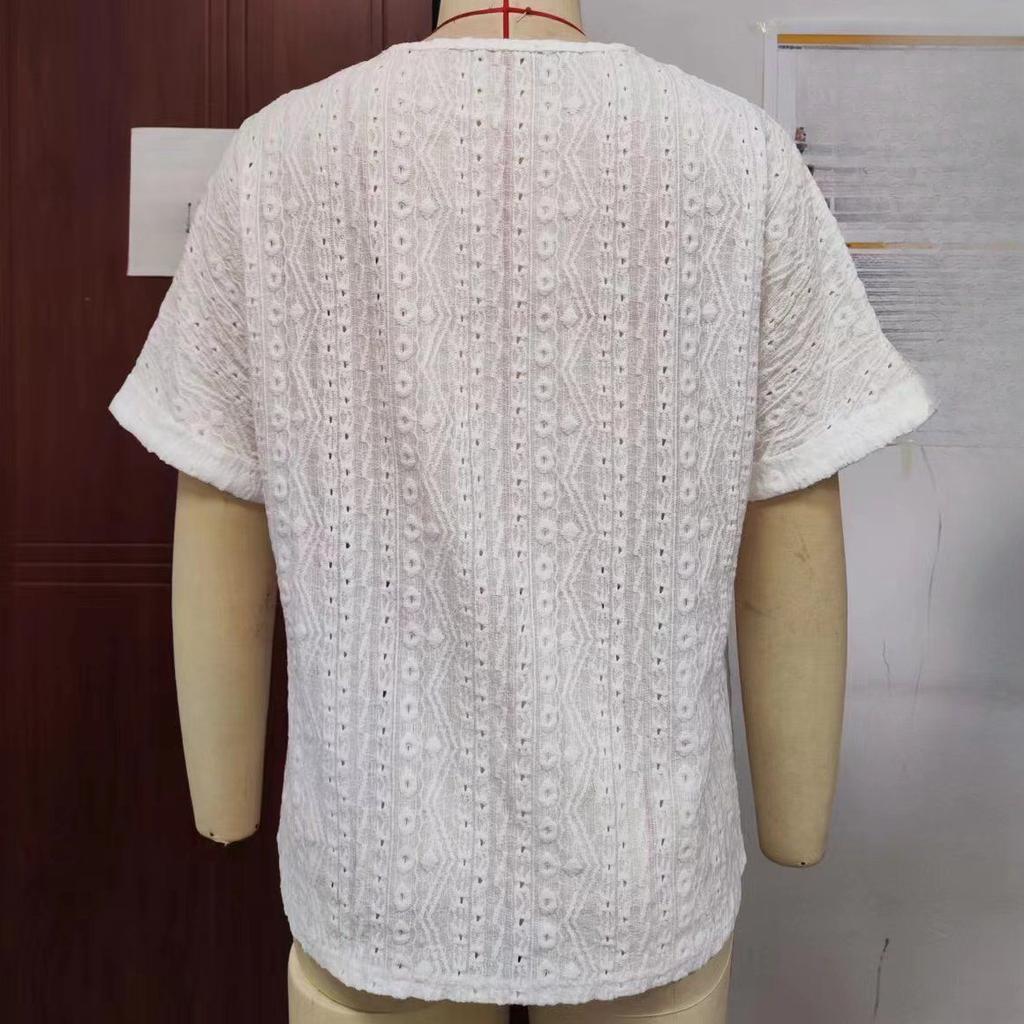 Summer Women's Plus Size Broken Crochet Hollow Decorative Button V-Neck Short Sleeve T-Shirt Top