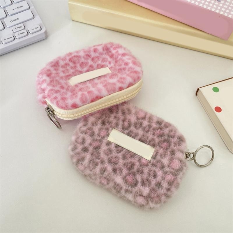 Plush Leopard Print Multifunctional Storage Pouch with Smooth Zippers for Organizing ID Cards Coin Keys and Small Items