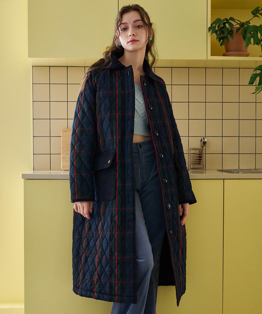 Bonidee Quilted Raglan Long Coat (Check Navy)