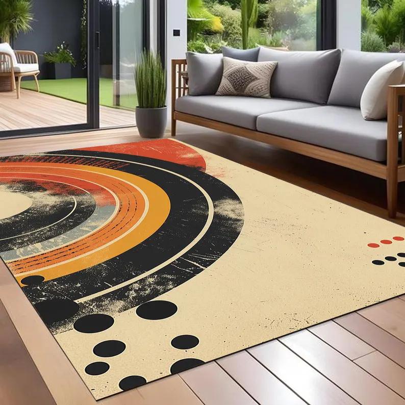 70s Retro Burnt Orange Carpet Earthy Brown and Cream Geometric Mid Century Modern Indoor Outdoor Patio and Porch Decor Area Rug