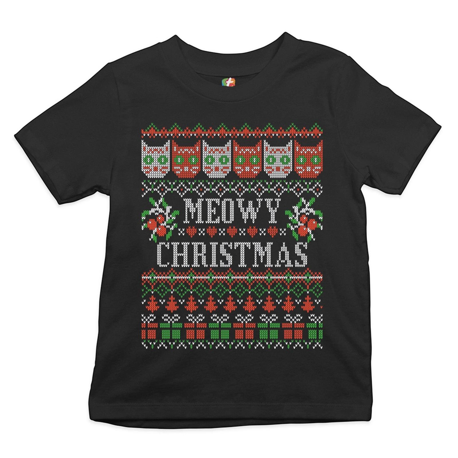 Meowy Christmas Youth kids boys T-Shirt Ugly Sweater Cat Lover Funny Xmas Kids 140