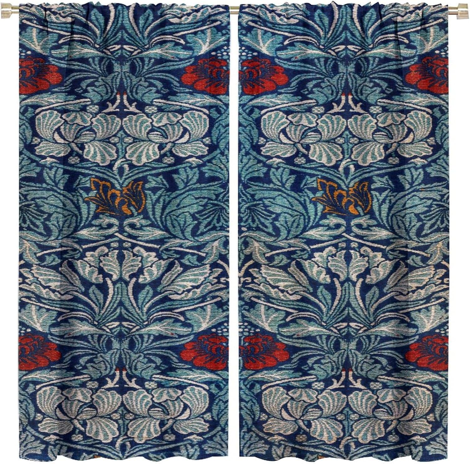 

Bohemian William Morris Retro Plant Floral Blackout Window Curtains Flower Vintage Country Farmhouse Art Window Drapes for Bed 100*130 Grommet Top 1pcs