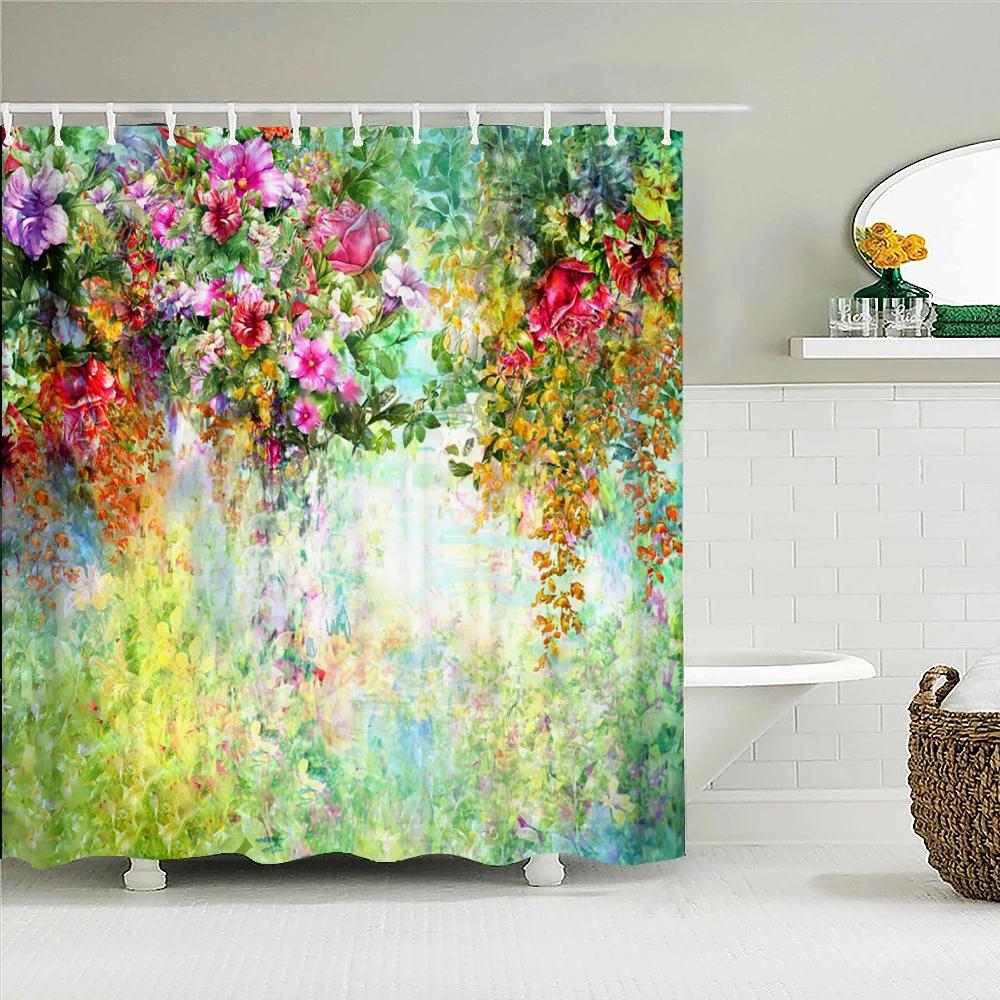 Romantic Retro Blooming Flowers Shower Curtain Garden Bath Curtains Waterproof Polyester Bathroom Shower Curtains Set with Hooks