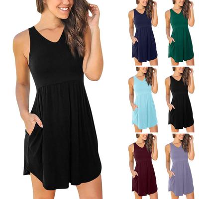 V-neck Sleeveless Solid Color Dress with Vest Pockets - European and American Style