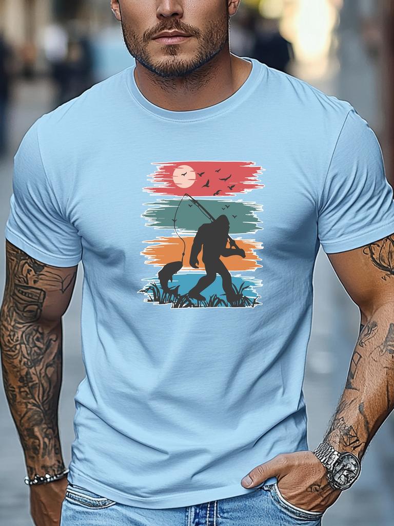 Mens Summer Fishing TShirt Bigfoot Catch Fish Print Short Sleeve Round Neck Breathable Soft Outdoor Daily Wear