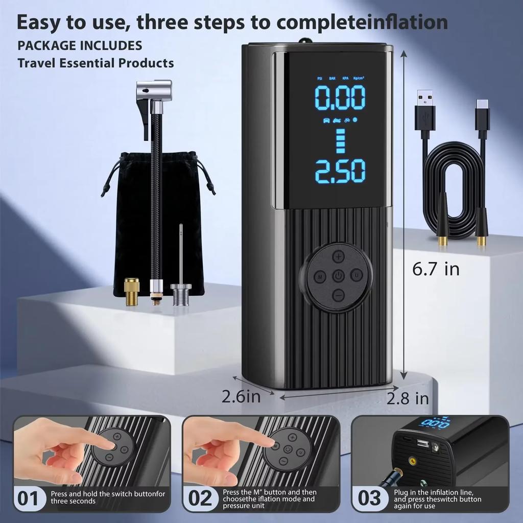 High Power Explosive Battery Car Tire Inflator 60L/min Bicycle Air Injector Portable Digital Compressor Electric Inflator with LED Light