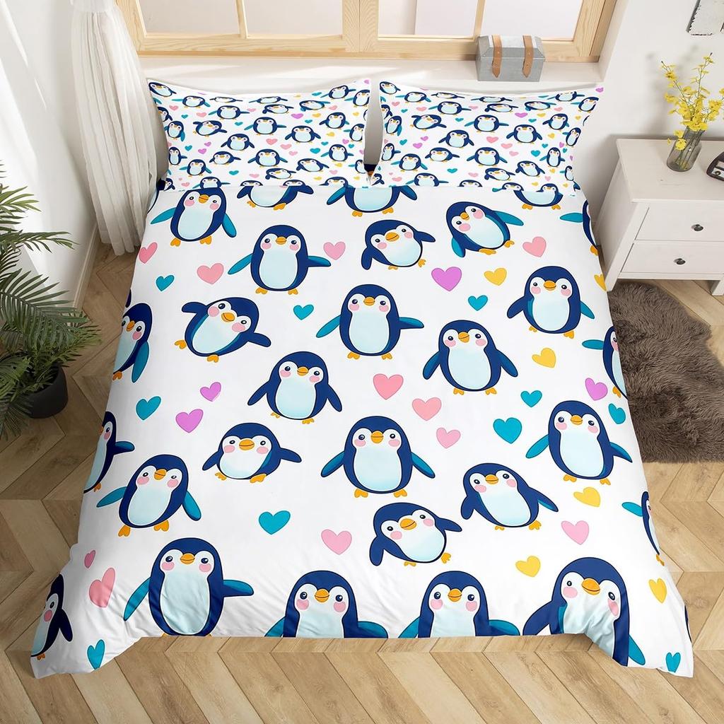 Cute Penguin And Love Heart Duvet Cover Set For Kids Teens Lightweight Quilt Cover With 2 Pillowcase Cartoon Penguin Bedding Set