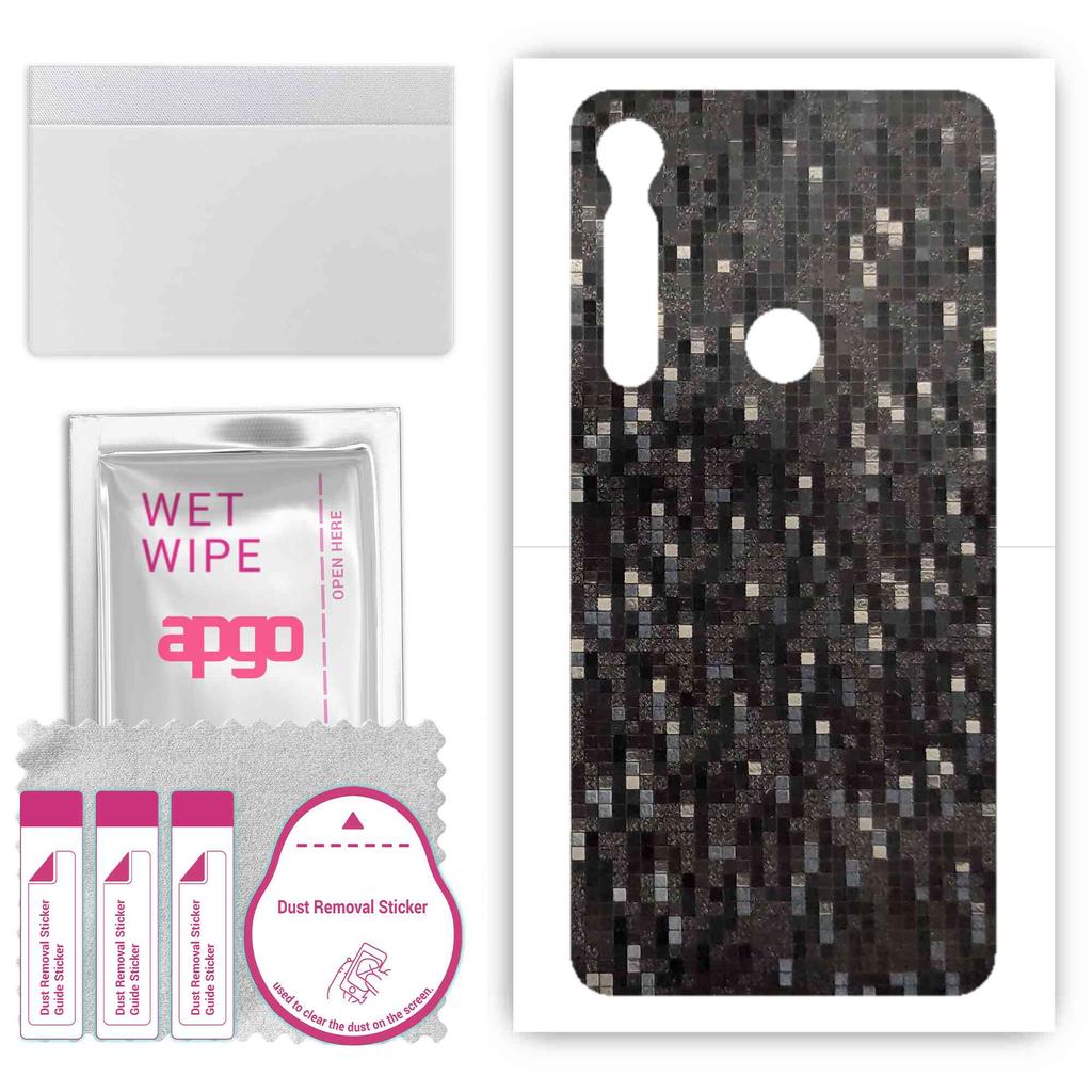 apgo Protective Skin Sticker for the back compatible with Motorola One Macro, Wrap Film, Foil, Vinyl - Pattern Carbon Black Pixel
