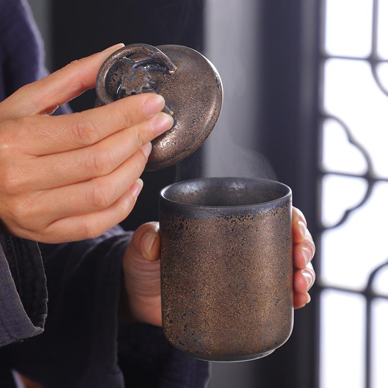 Creative ceramic mug with lid household drinking cup office retro coarse pottery niche design coffee cup