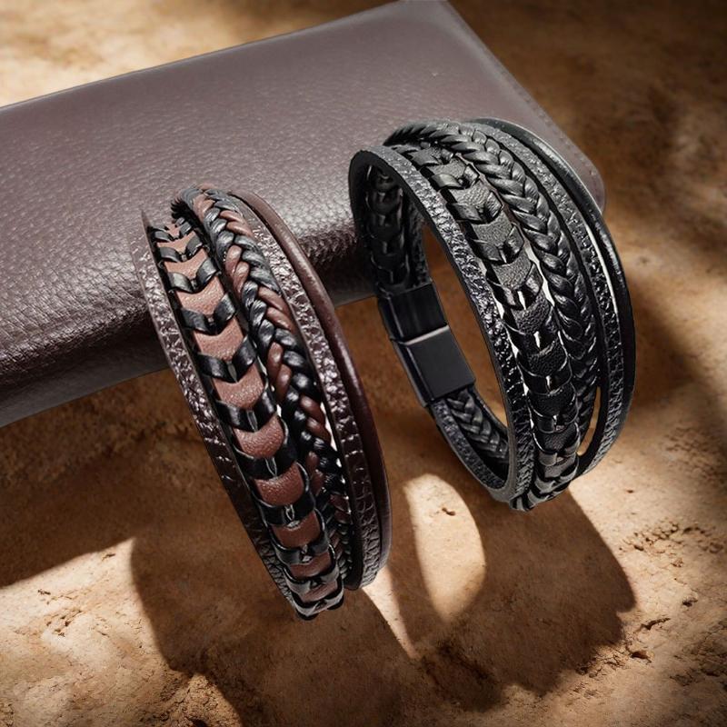 Trendy Men'S Accessories Alloy Magnetic Buckle Multi Layer Retro Leather Rope Braided Bracelet Bracelet  Dressing