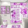 Purple Floral Butterfly Shower Curtain Set Watercolour Roses Flowers Butterflies Home Bathroom Decor Bath Mats Toilet Lid Cover