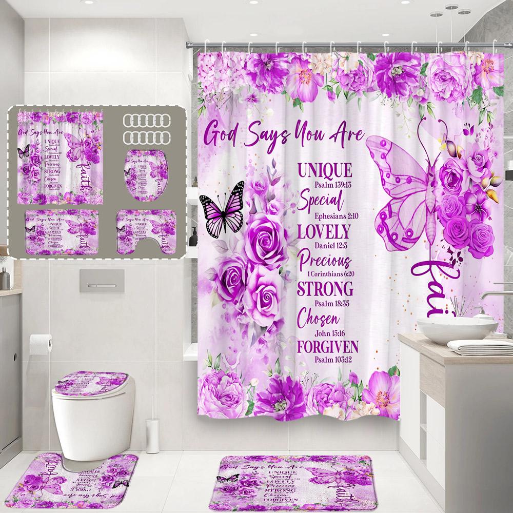 

Floral Butterfly Shower Curtain Set Watercolour Pink Rose Flower Plant Inspirational Quotes Bathroom Decor Bath Mat Toilet Cover W60H190(CM)-1 Pcs