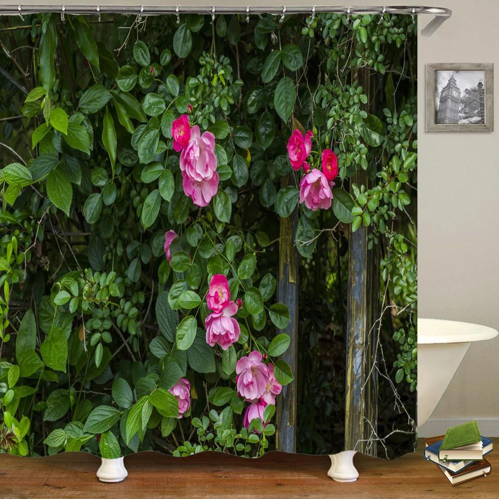 Green Plant Leaves Window Garden Printing Bathroom Shower Curtain Landscape Home Decoration Waterproof Curtain with Hook Curtain