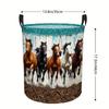 1pc Western Running Horses Laundry Basket Round Foldable Hamper with Handles, Polyester Fabric Rustic Horse Floral Design